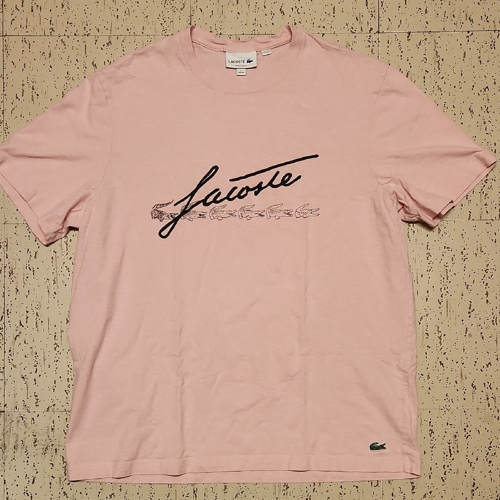 Lacoste Pink Regular Fit Hand Written Multi Spellout Logo Crewneck T-Shirt